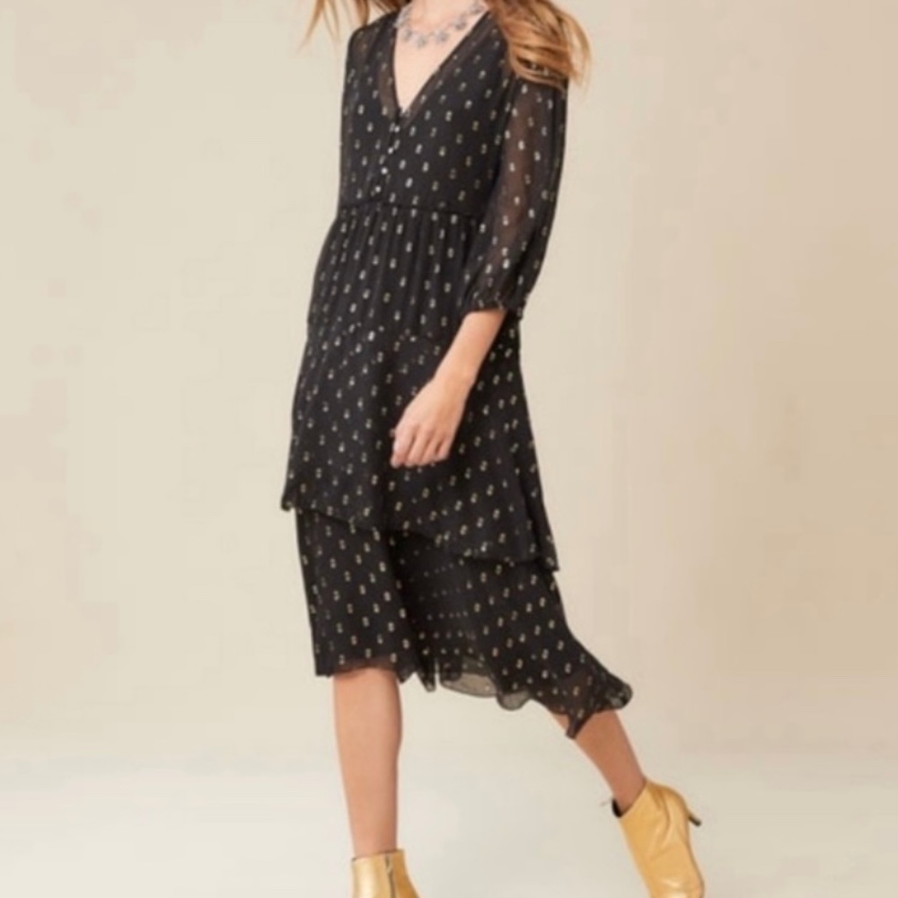 Johnny Was Raja Black Silk Gold Metallic Tiered Ruffle Puff Sleeve Midi Dress XS